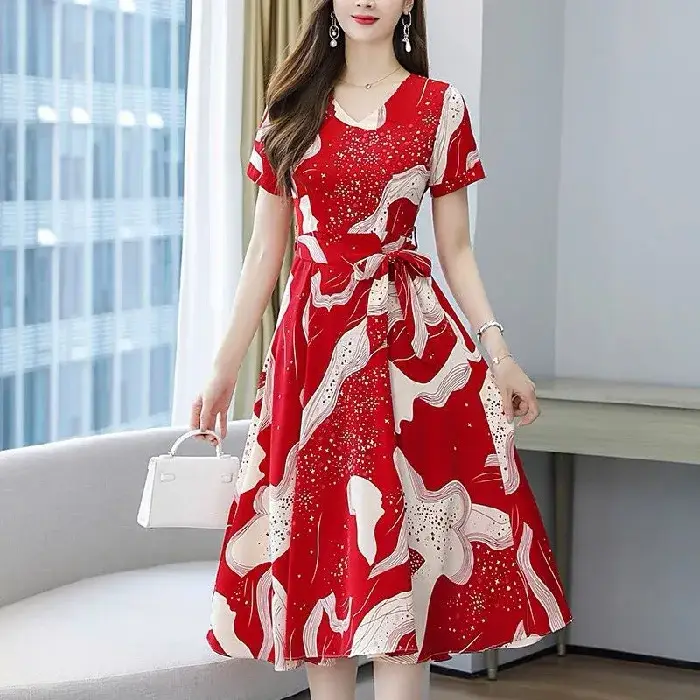 Red Printed High Waist Summer Dress for Women