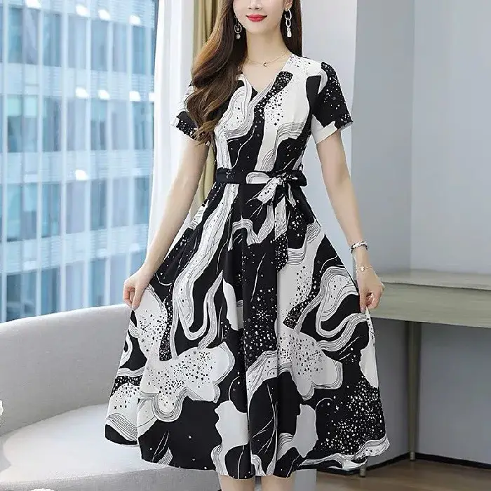 Red Printed High Waist Summer Dress for Women