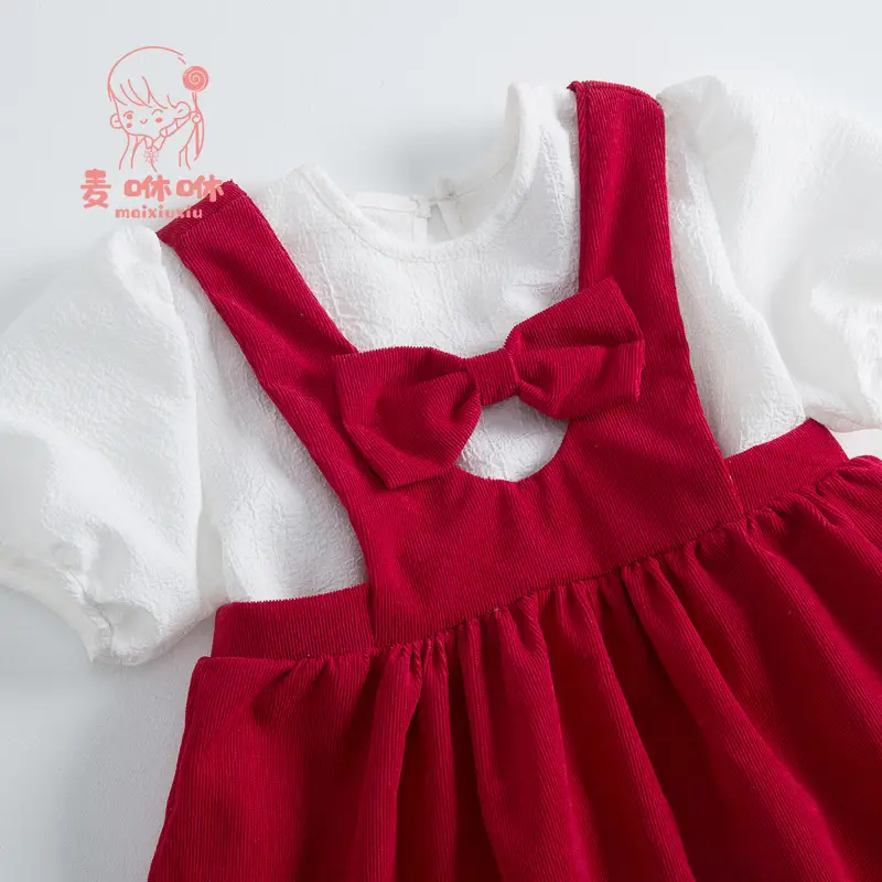 Maixiu Girls Red Bow Puff Sleeve Dress Two-Piece Suit