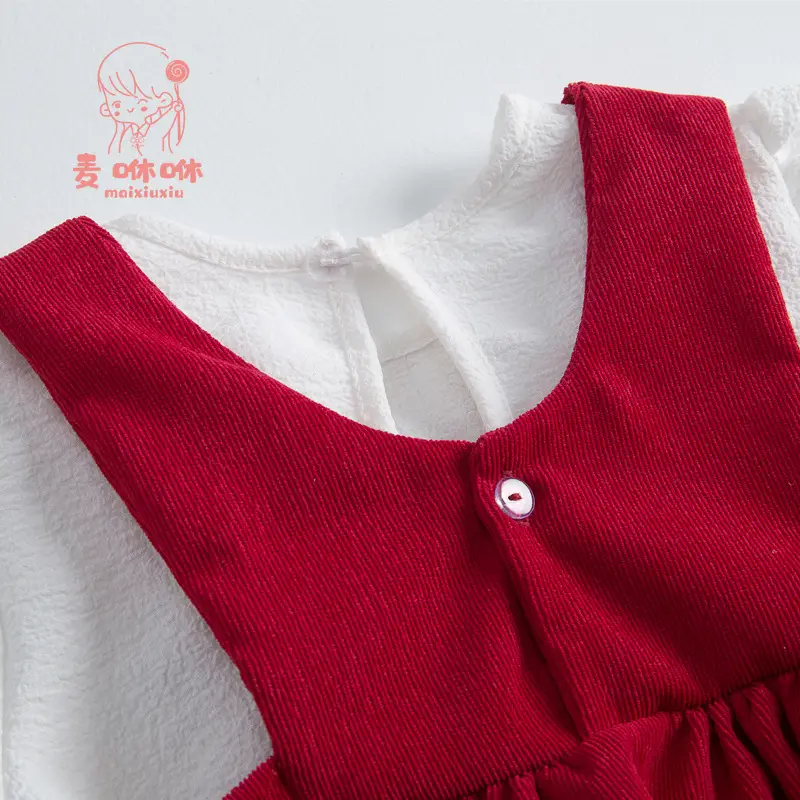 Maixiu Girls Red Bow Puff Sleeve Dress Two-Piece Suit
