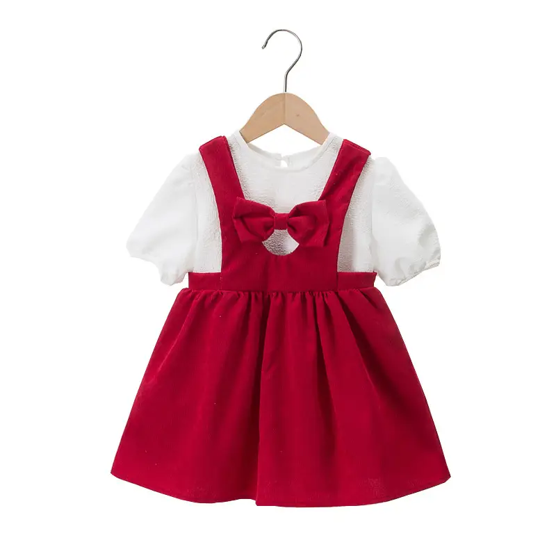 Maixiu Girls Red Bow Puff Sleeve Dress Two-Piece Suit