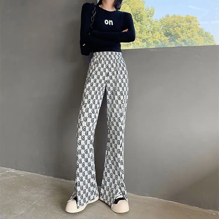 Women's White Black Checkered Wide Leg Pants with On Logo - Image 3