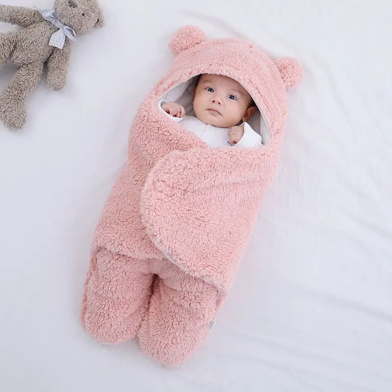 Pink Bear Hooded Newborn Swaddle Blanket