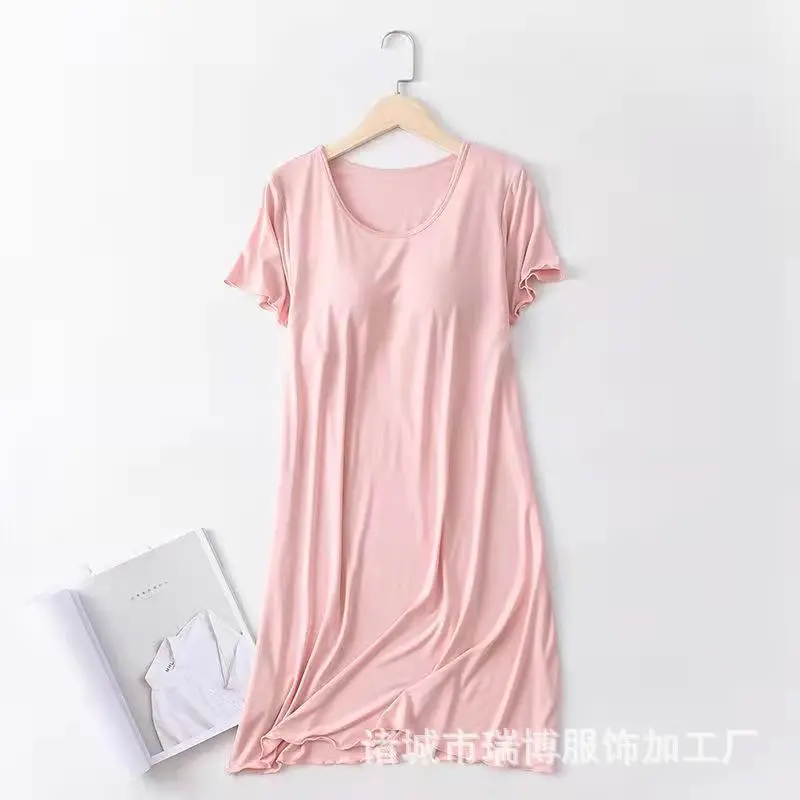 Modal Padded Short-Sleeved Dress Pajamas Without Bra Loose Large Size Ruffled Home Clothes for Women Summer