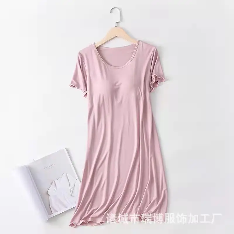 Modal Padded Short-Sleeved Dress Pajamas Without Bra Loose Large Size Ruffled Home Clothes for Women Summer