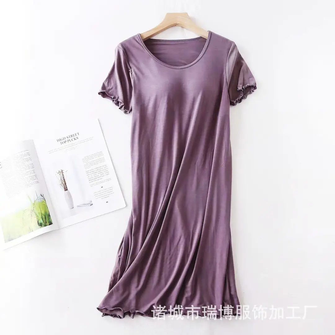 Modal Padded Short-Sleeved Dress Pajamas Without Bra Loose Large Size Ruffled Home Clothes for Women Summer