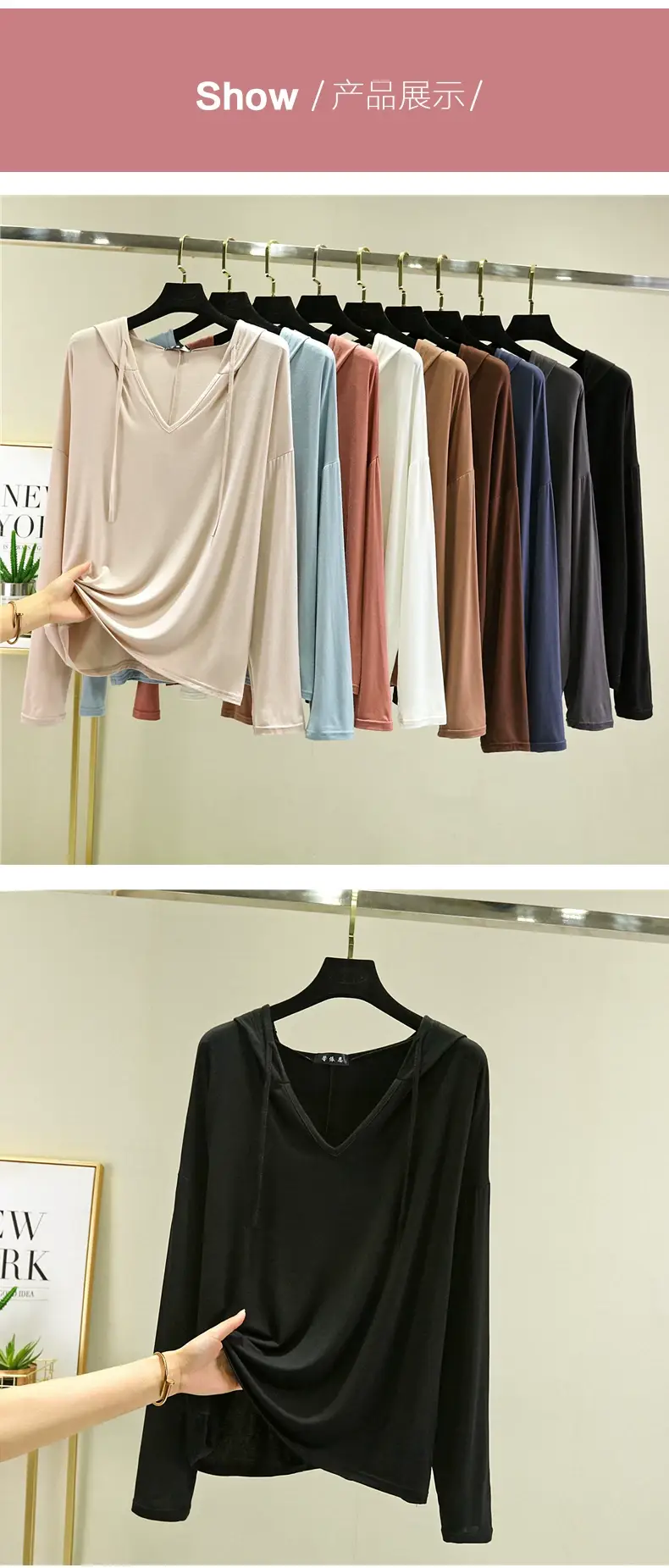 Women Long Sleeve V Neck T-Shirt Light Blue Large — feature 16