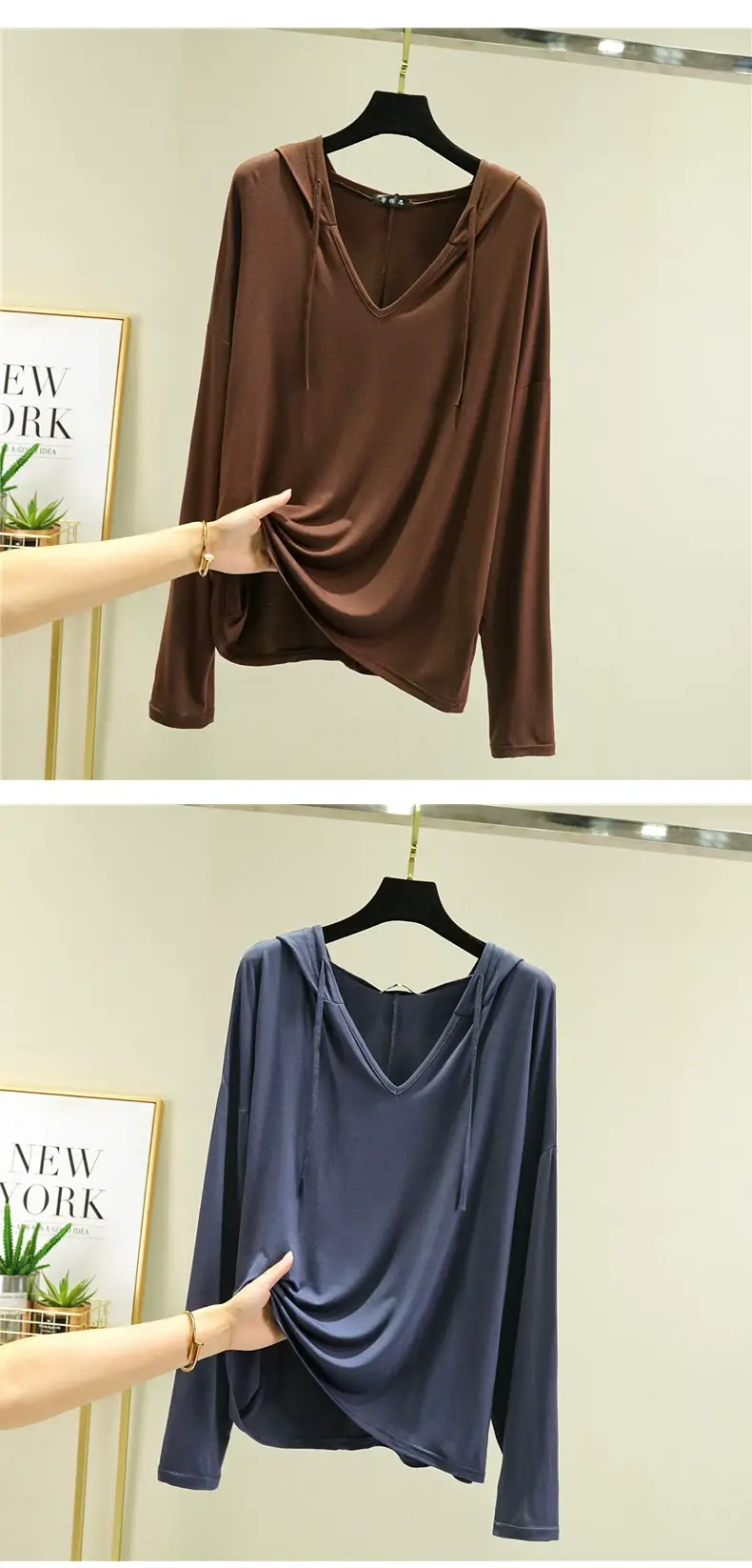 Women Long Sleeve V Neck T-Shirt Light Blue Large — feature 20