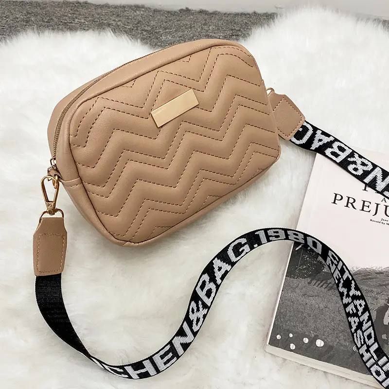 Women's Printed Ribbon Shoulder Bag Tan Chevron Design - Image 2