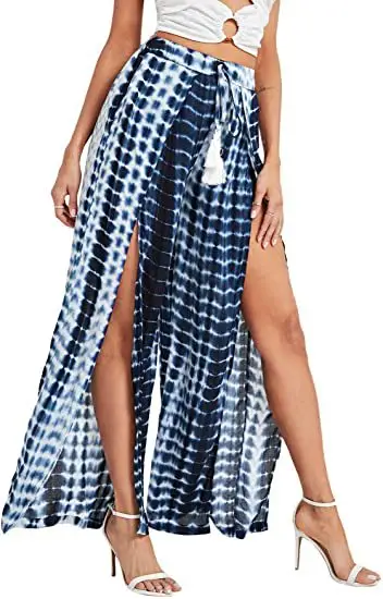 Women Leopard Print Wide-leg Pants Blue White Tassel Waist - Image 8