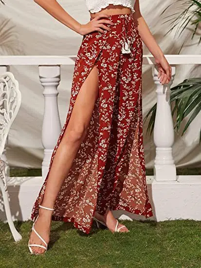 Women Leopard Print Wide-leg Pants Blue White Tassel Waist - Image 10