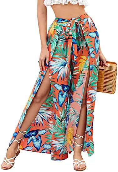 Women Leopard Print Wide-leg Pants Blue White Tassel Waist - Image 11