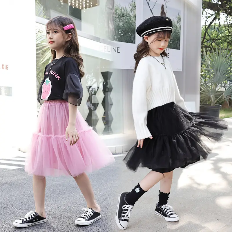Girls Puffy Turgelell Skirt Black White Cat Print - Image 7