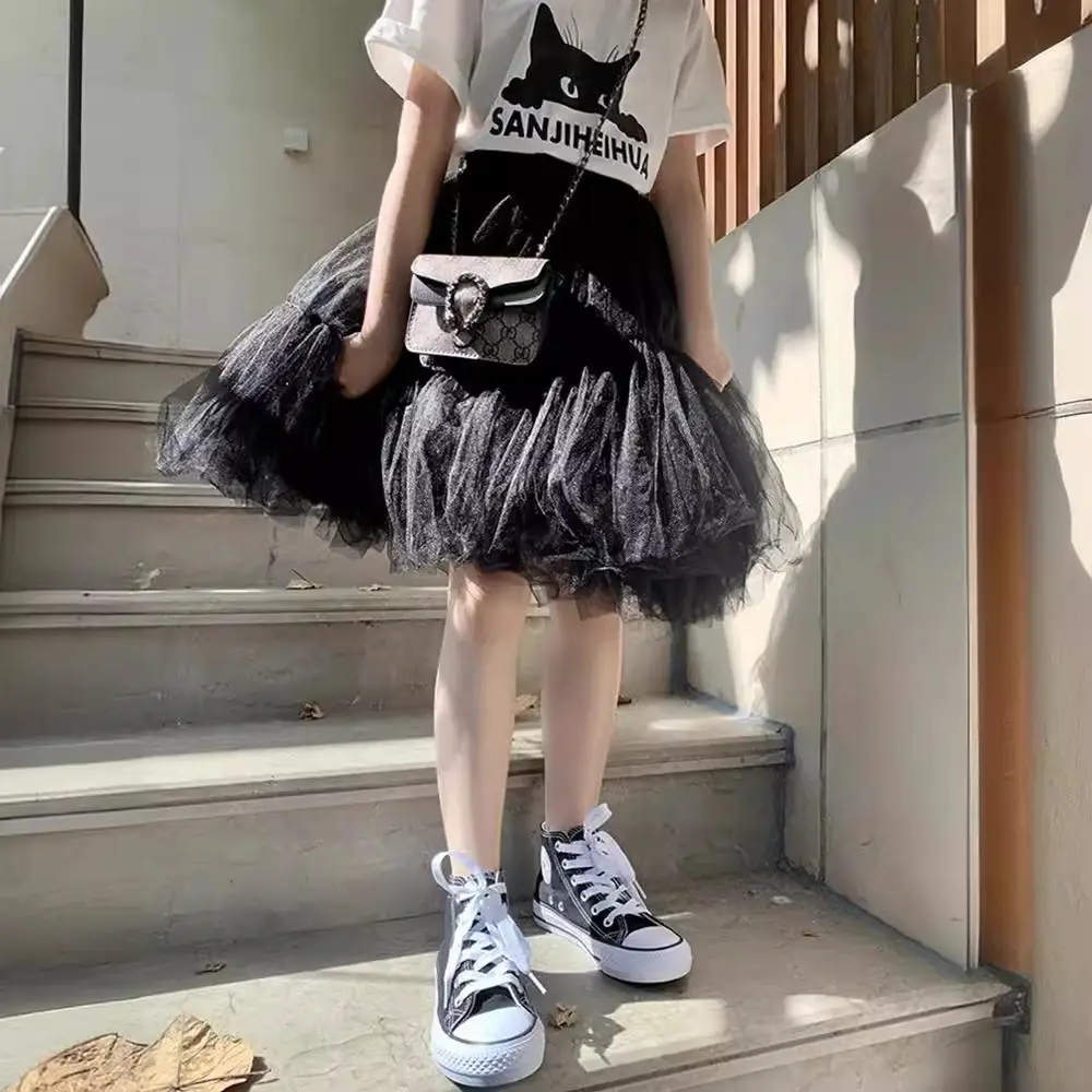 Girls Puffy Turgelell Skirt Black White Cat Print - Image 8