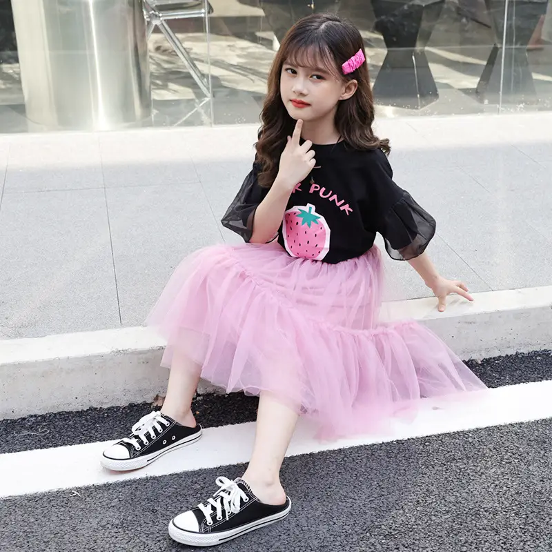 Girls Puffy Turgelell Skirt Black White Cat Print - Image 9