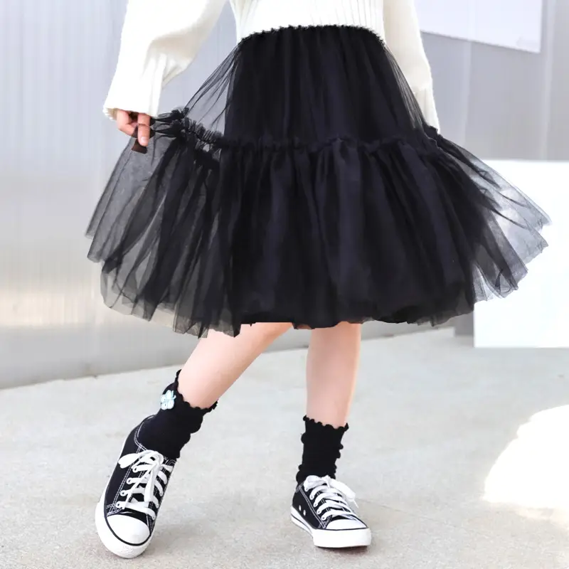 Girls Puffy Turgelell Skirt Black White Cat Print - Image 2