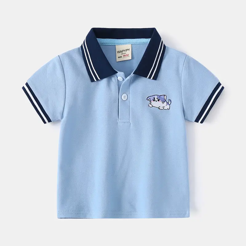 Kids Blue Polo T-Shirt with Cartoon Embroidery - Image 3