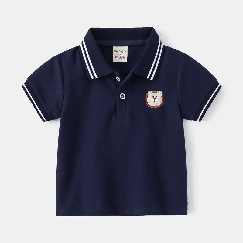 Kids Blue Polo T-Shirt with Cartoon Embroidery - Image 4