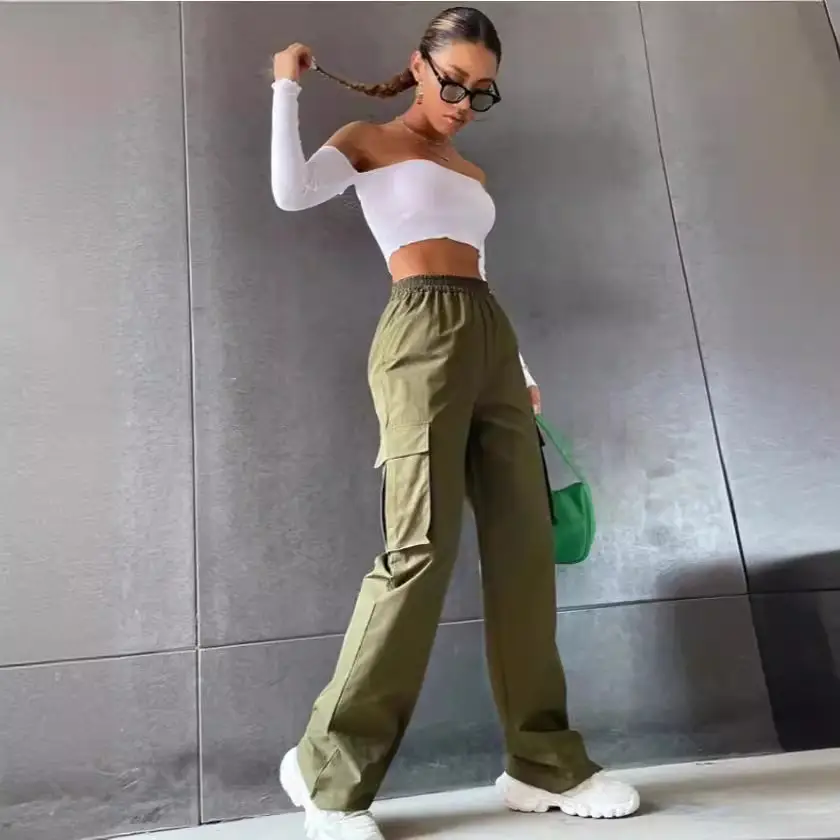 High Waist Wide Leg Pants for Women Beige Cargo Style - Image 17