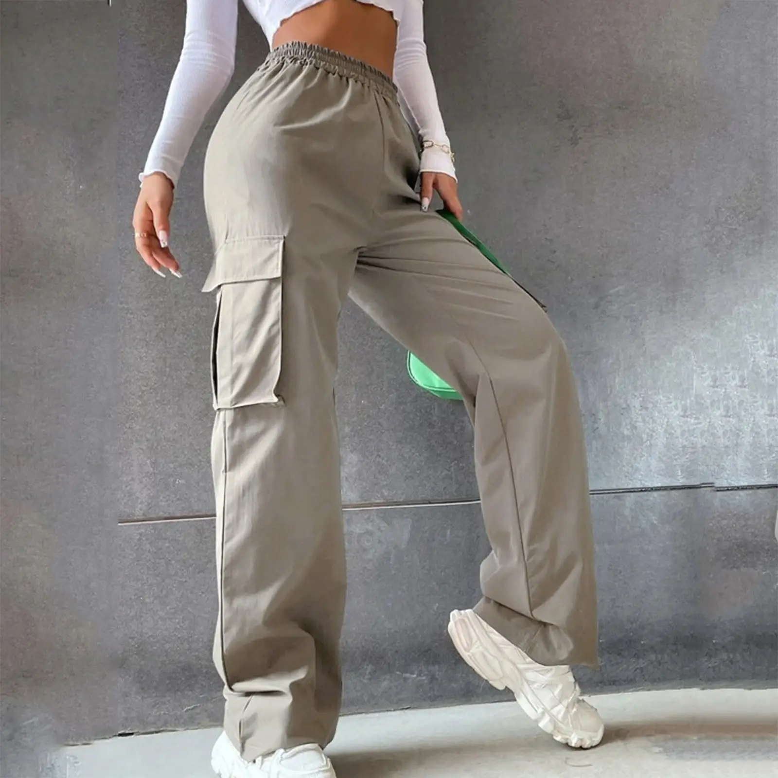 High Waist Wide Leg Pants for Women Beige Cargo Style — feature 13
