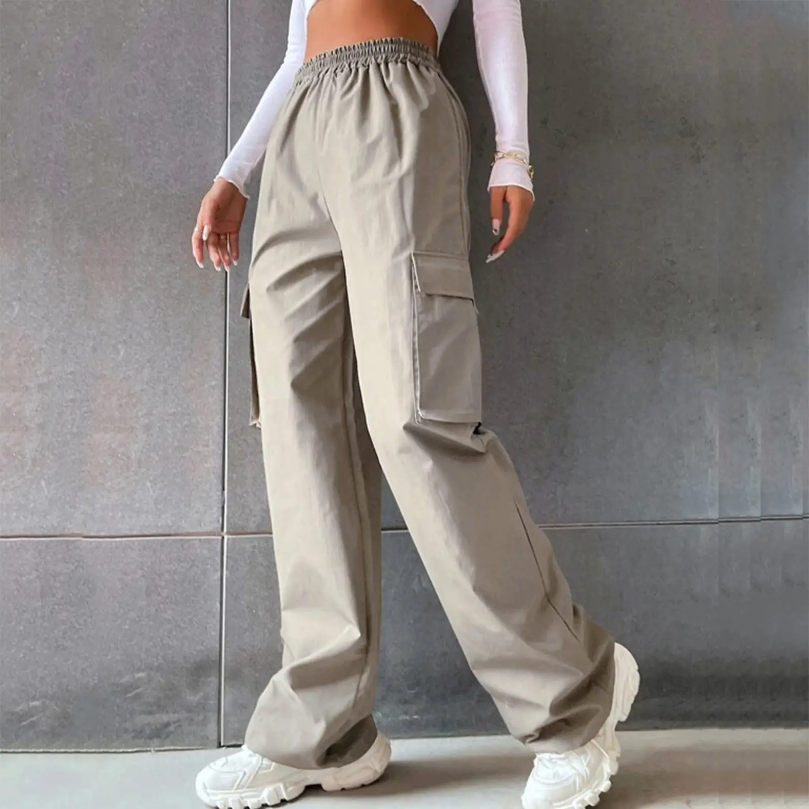 High Waist Wide Leg Pants for Women Beige Cargo Style — feature 15