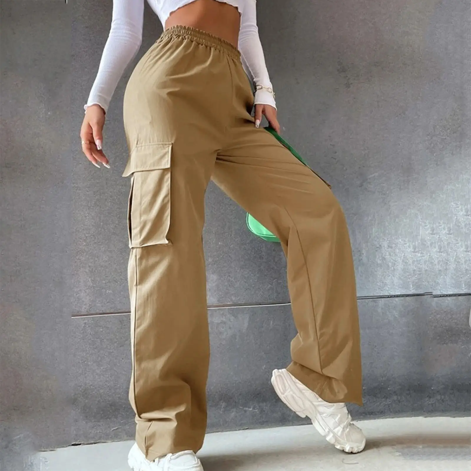 High Waist Wide Leg Pants for Women Beige Cargo Style — feature 33