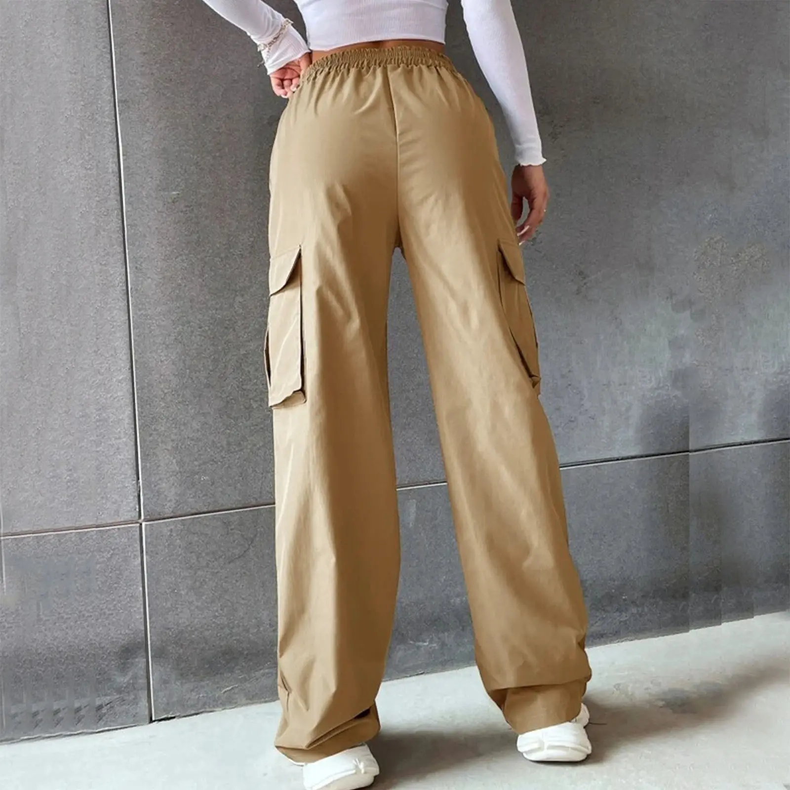 High Waist Wide Leg Pants for Women Beige Cargo Style — feature 34