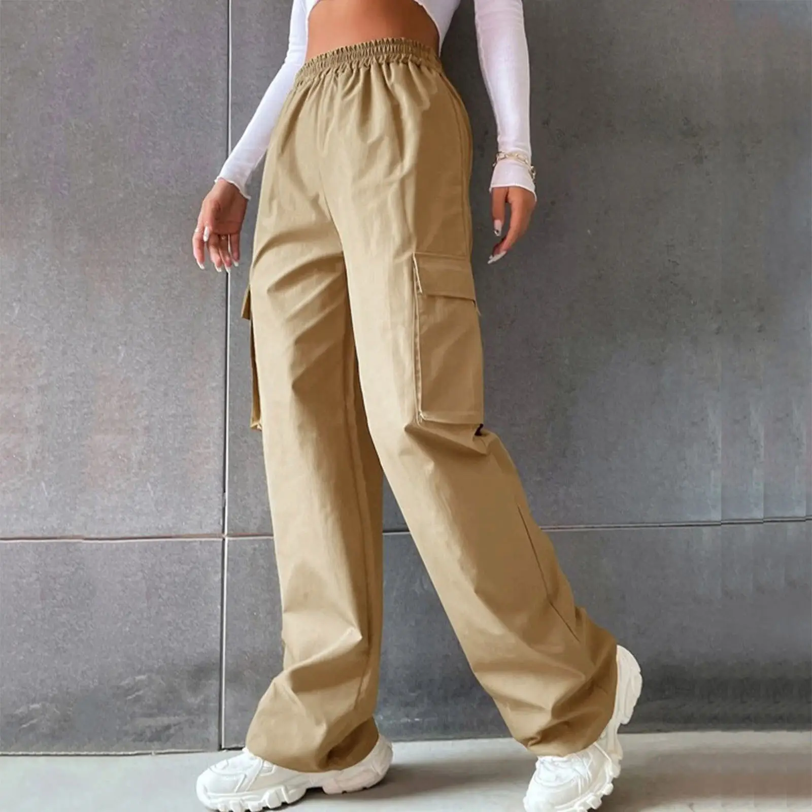 High Waist Wide Leg Pants for Women Beige Cargo Style — feature 35