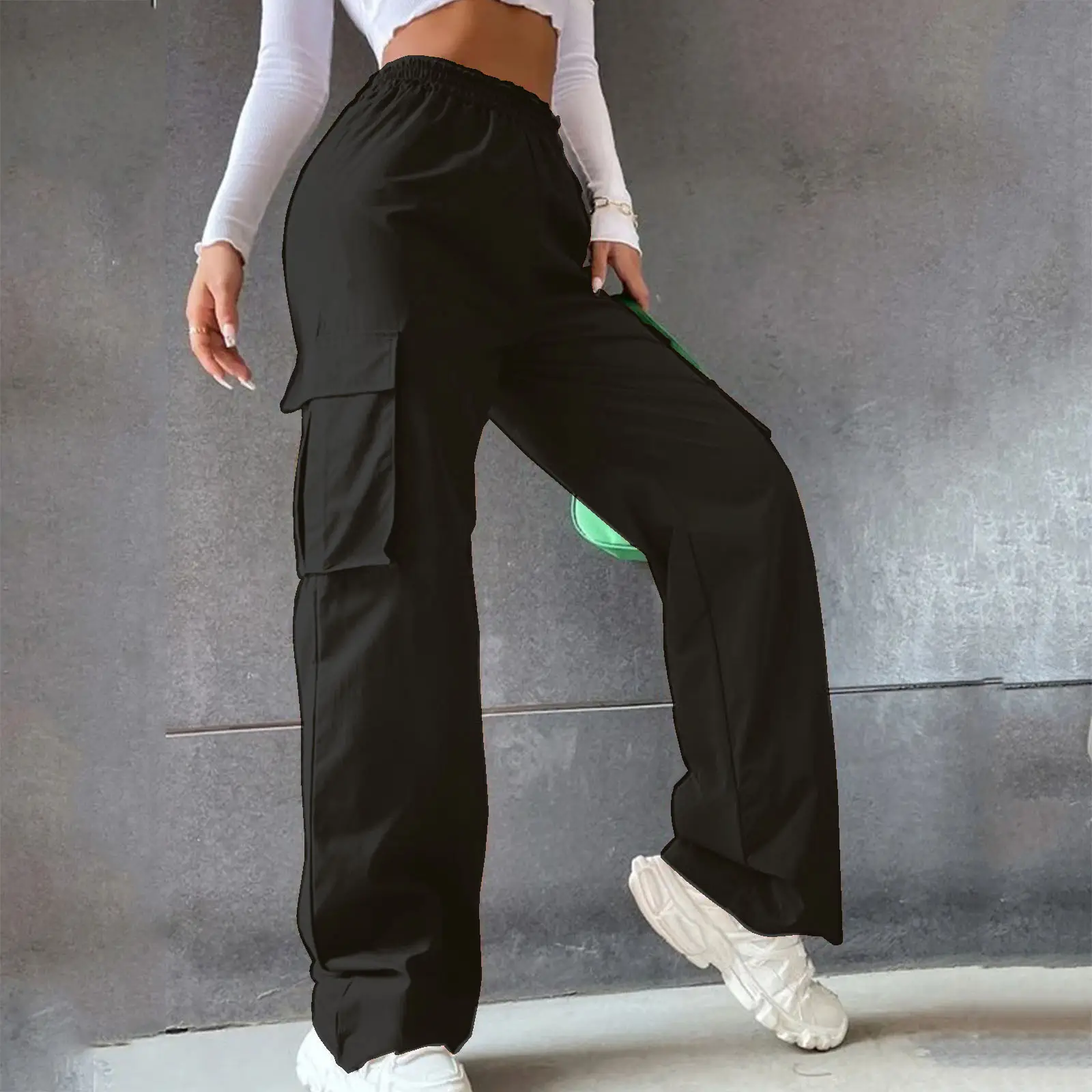 High Waist Wide Leg Pants for Women Beige Cargo Style — feature 4