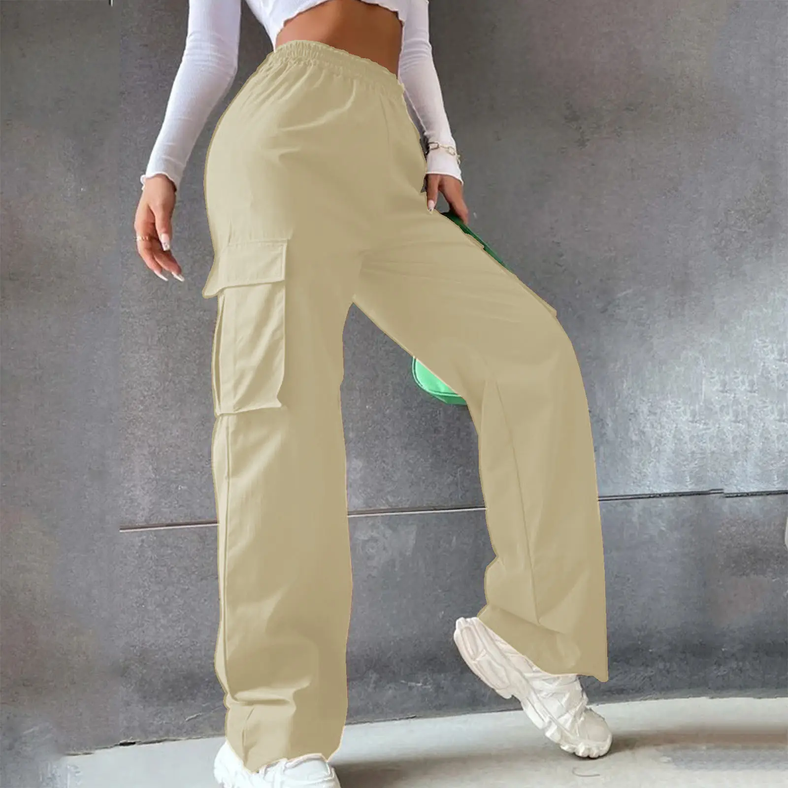 High Waist Wide Leg Pants for Women Beige Cargo Style — feature 43