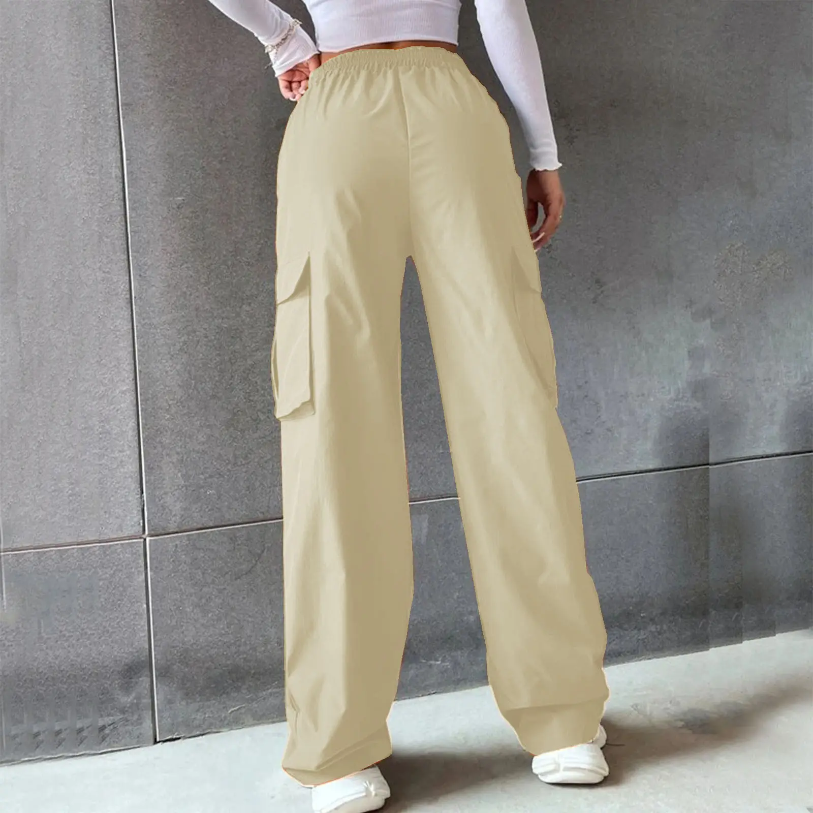 High Waist Wide Leg Pants for Women Beige Cargo Style — feature 44