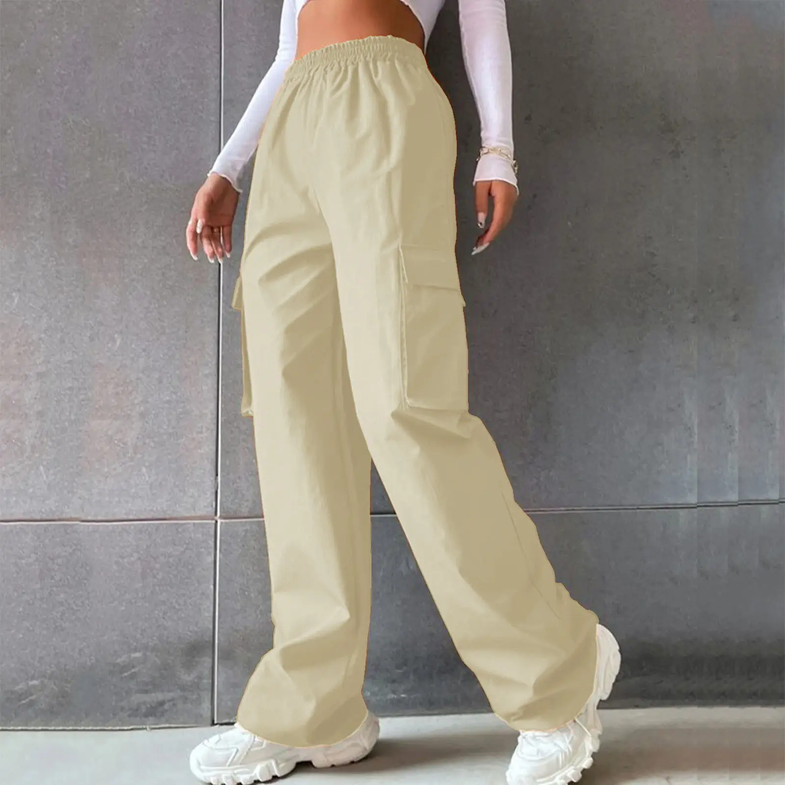 High Waist Wide Leg Pants for Women Beige Cargo Style — feature 45