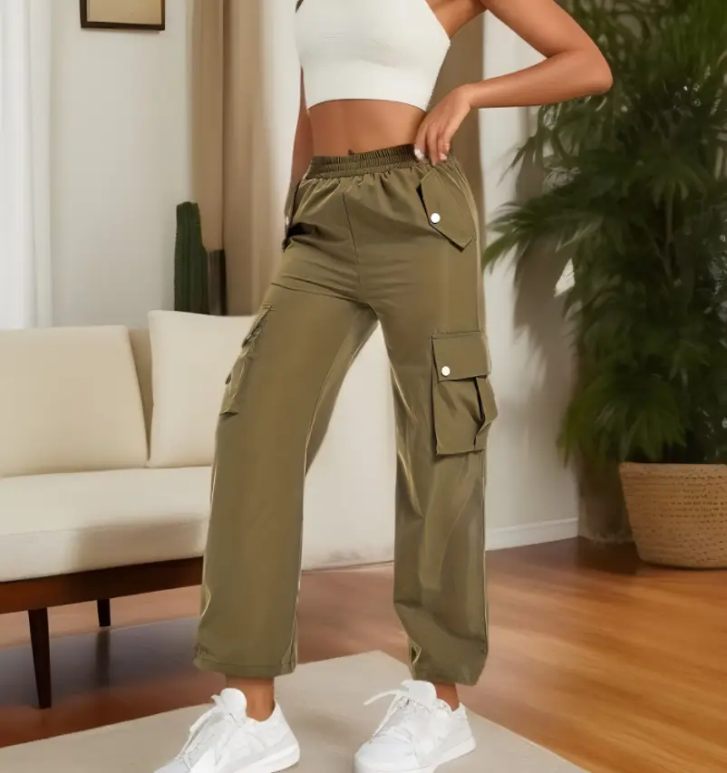 High Waist Wide Leg Pants for Women Beige Cargo Style - Image 11