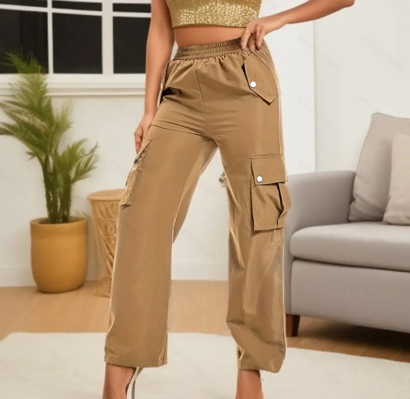 High Waist Wide Leg Pants for Women Beige Cargo Style - Image 12