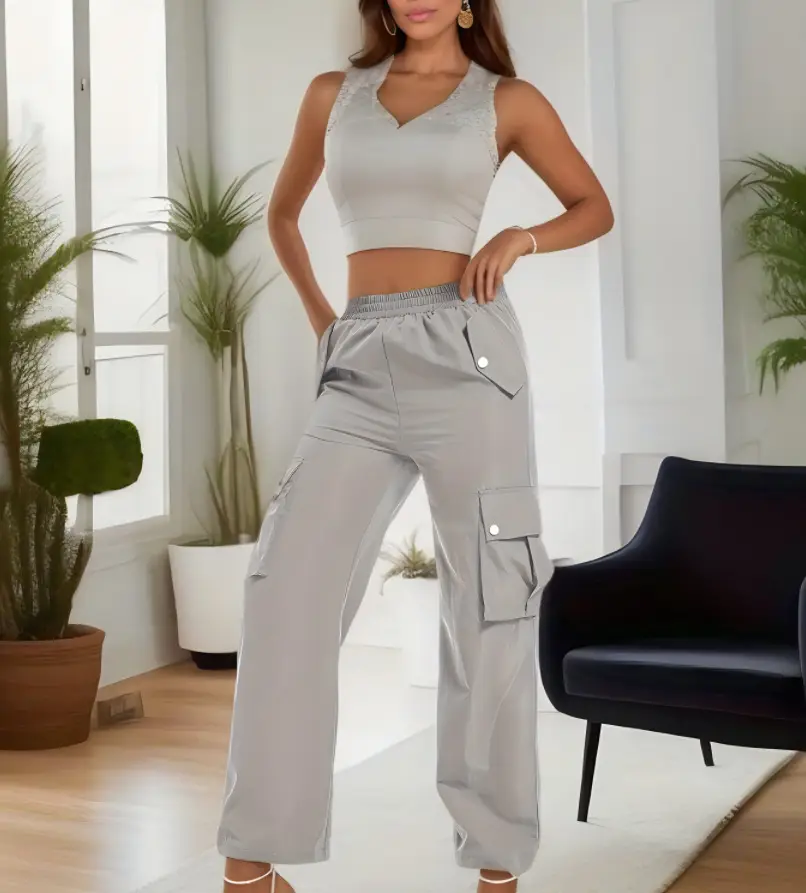 High Waist Wide Leg Pants for Women Beige Cargo Style - Image 13