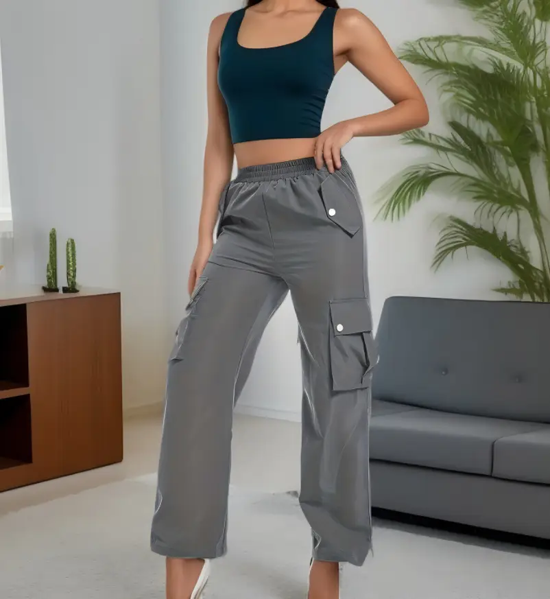 High Waist Wide Leg Pants for Women Beige Cargo Style - Image 14