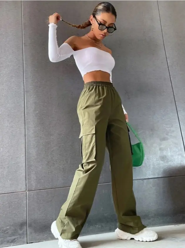 High Waist Wide Leg Pants for Women Beige Cargo Style - Image 3