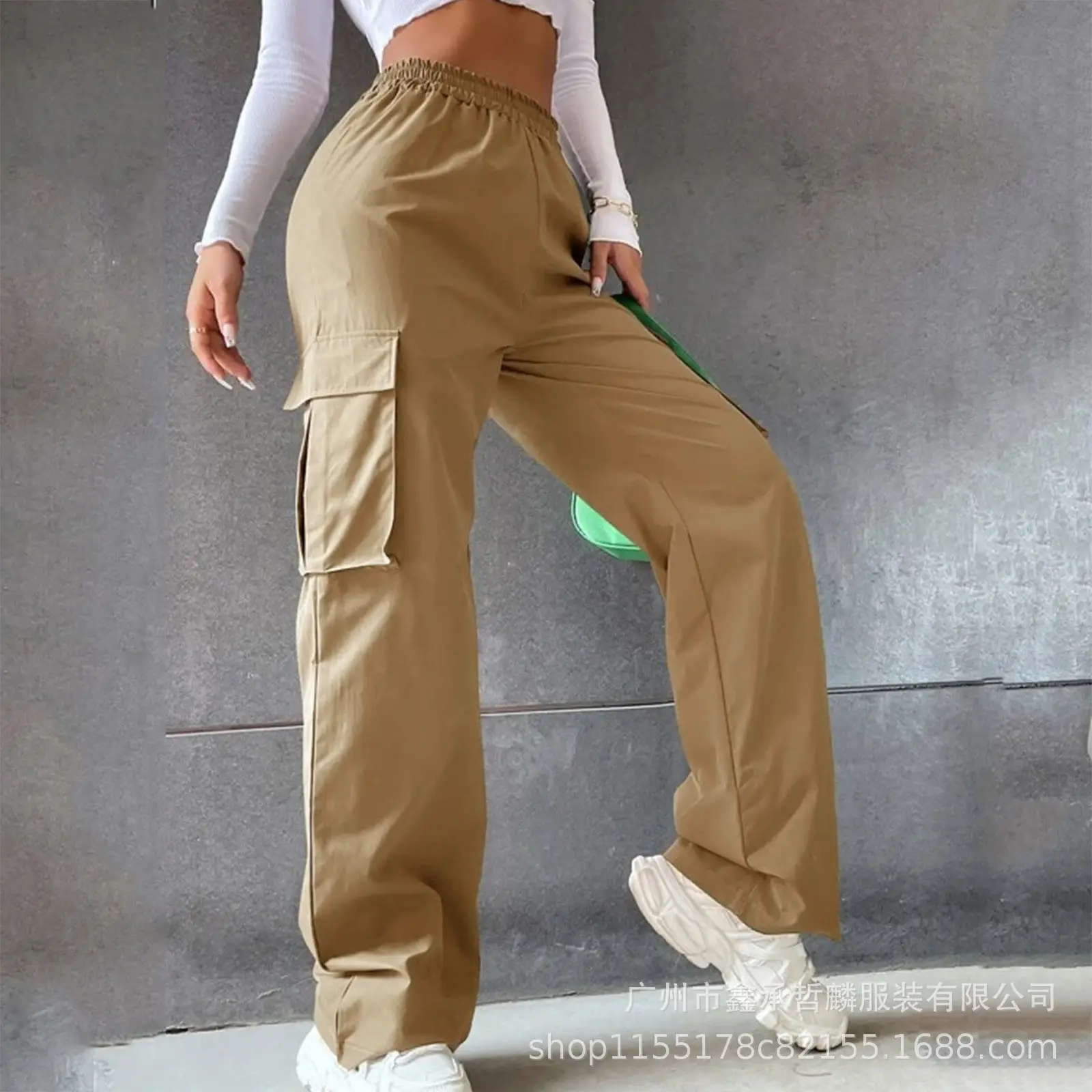 High Waist Wide Leg Pants for Women Beige Cargo Style - Image 9