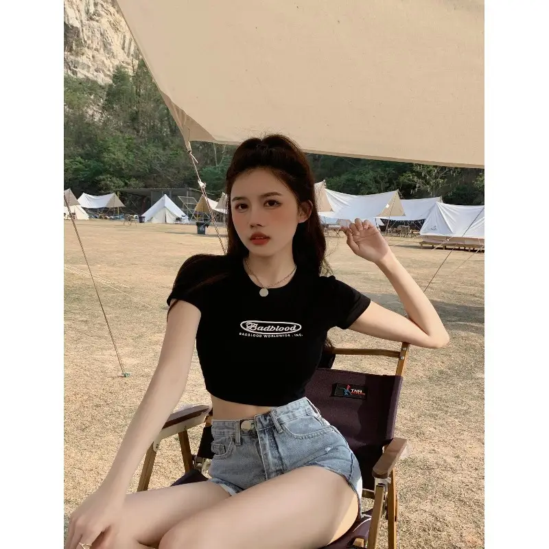 Women Black Letter Print Short T-Shirt Slim Fit 2025 - Image 5