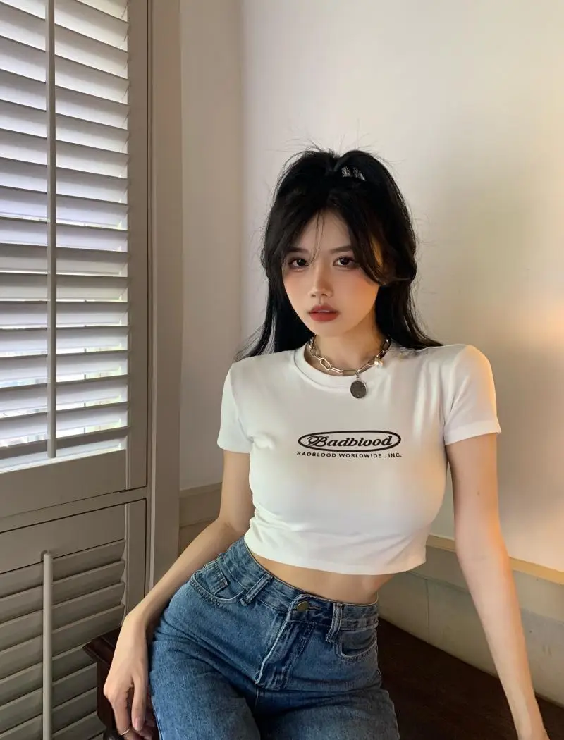 Women Black Letter Print Short T-Shirt Slim Fit 2025 — feature 11