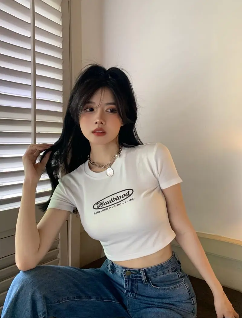 Women Black Letter Print Short T-Shirt Slim Fit 2025 — feature 12