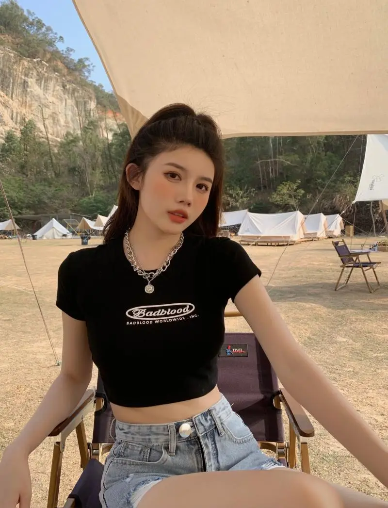 Women Black Letter Print Short T-Shirt Slim Fit 2025 — feature 13