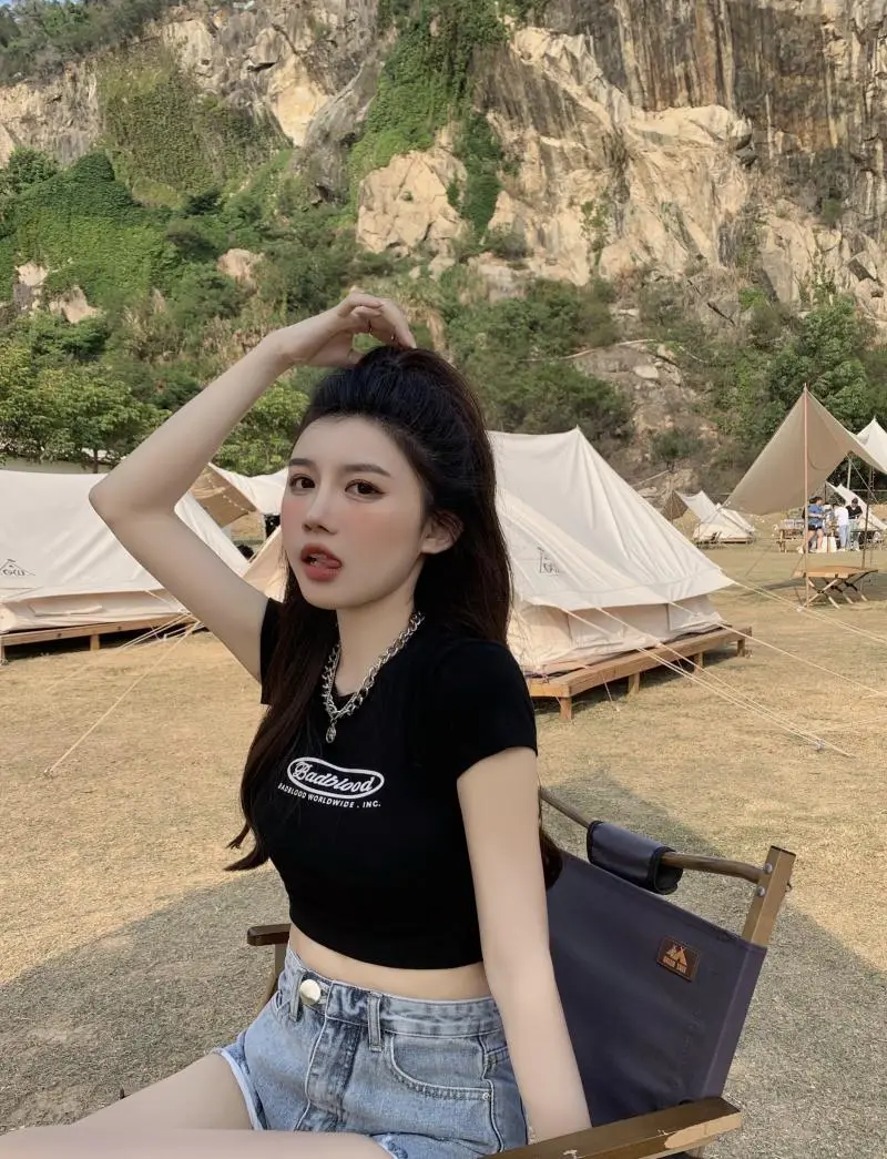 Women Black Letter Print Short T-Shirt Slim Fit 2025 — feature 14