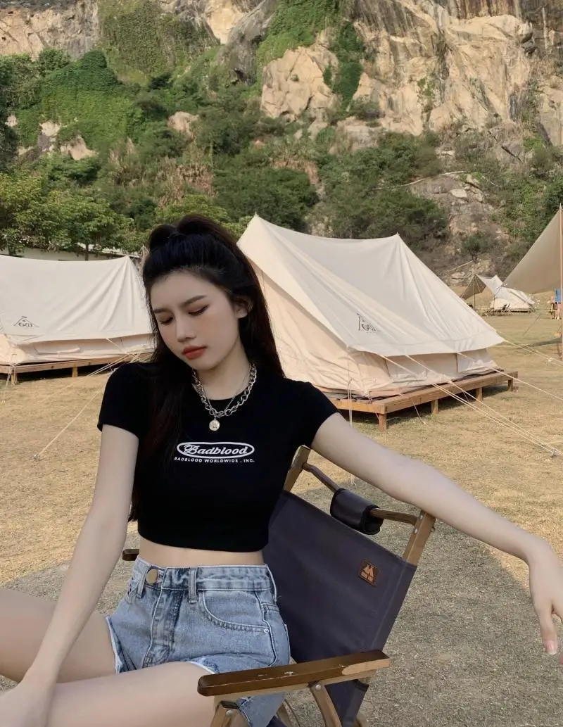 Women Black Letter Print Short T-Shirt Slim Fit 2025 — feature 15