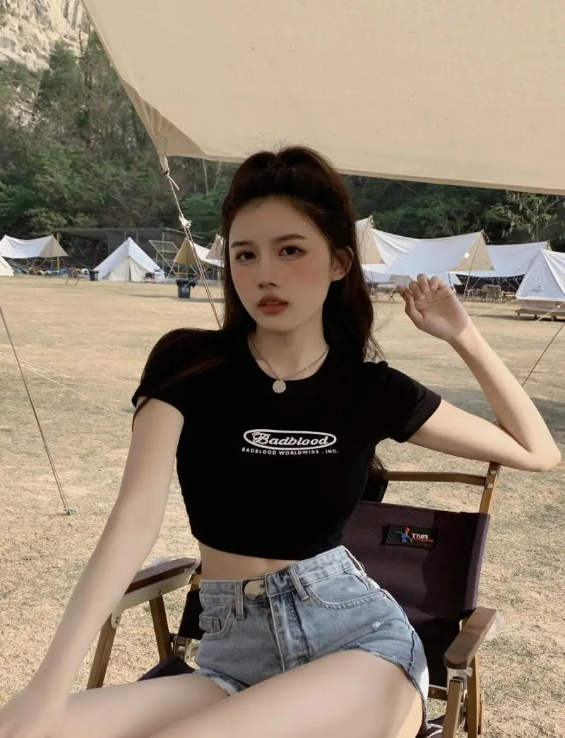 Women Black Letter Print Short T-Shirt Slim Fit 2025 — feature 17