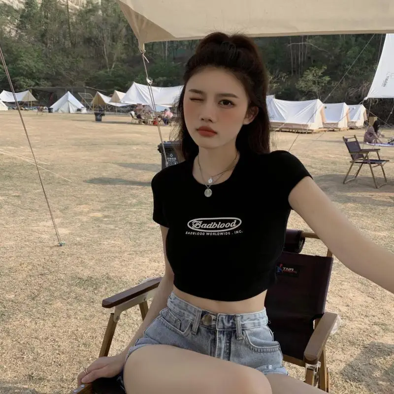 Women Black Letter Print Short T-Shirt Slim Fit 2025 — feature 19