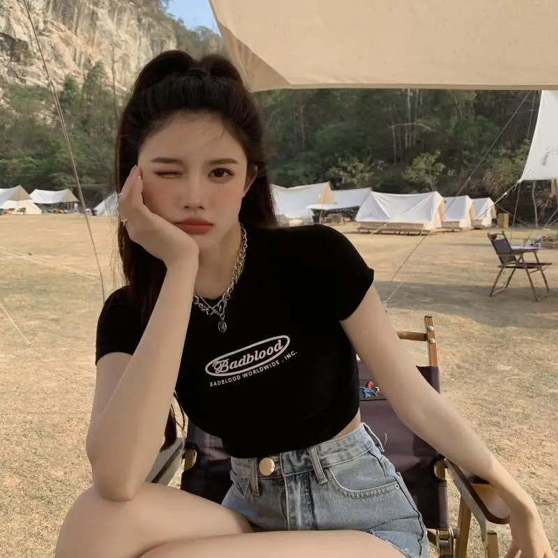 Women Black Letter Print Short T-Shirt Slim Fit 2025 — feature 20
