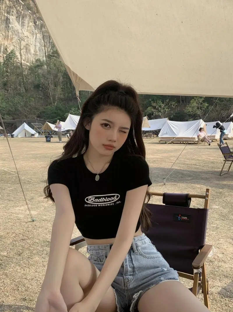 Women Black Letter Print Short T-Shirt Slim Fit 2025 — feature 21