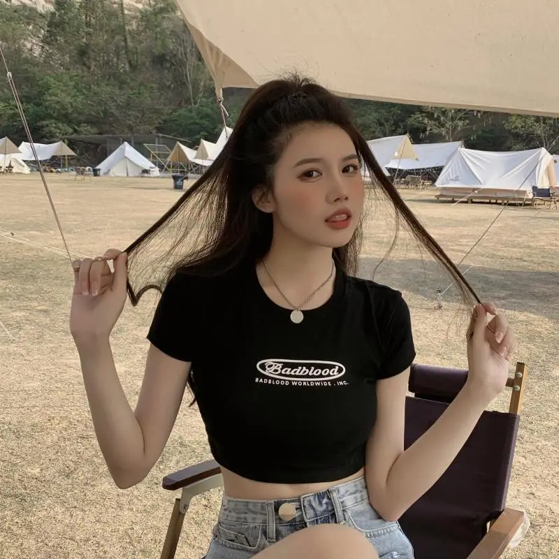 Women Black Letter Print Short T-Shirt Slim Fit 2025 — feature 22