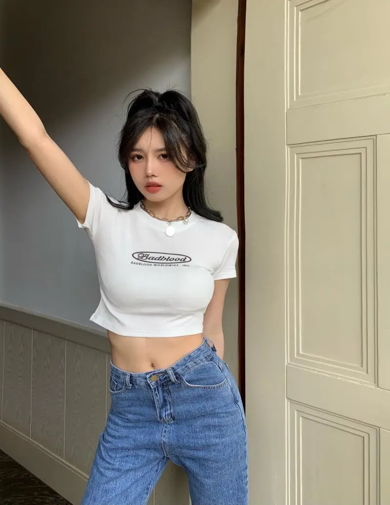 Women Black Letter Print Short T-Shirt Slim Fit 2025 — feature 5